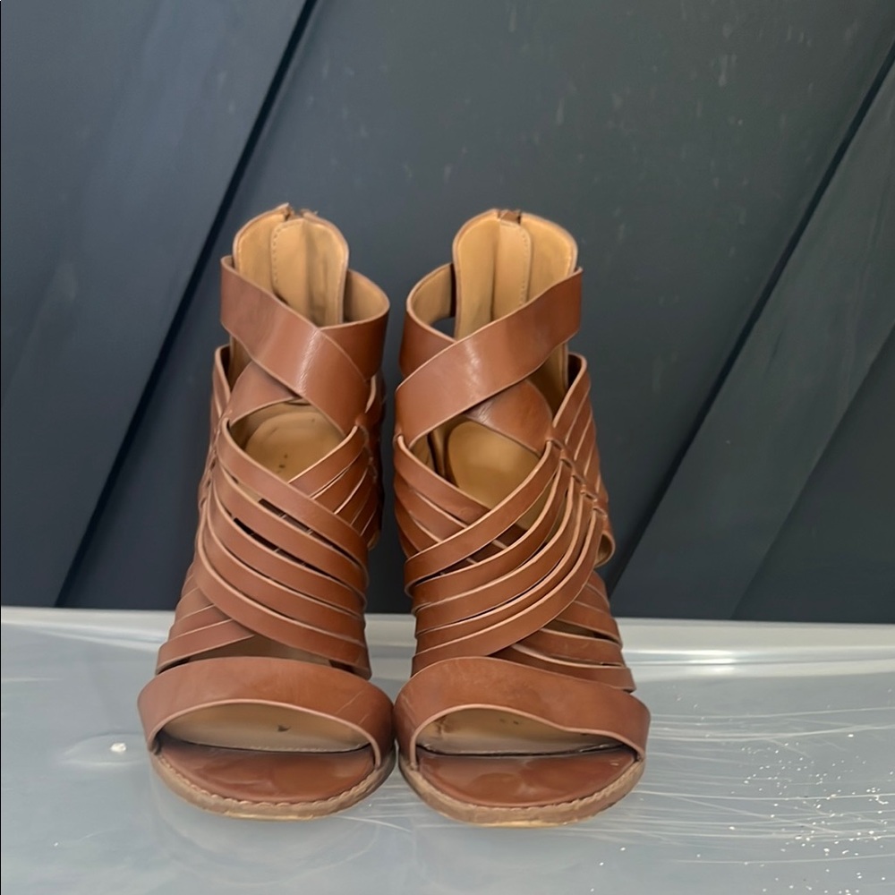 Aldo Brown Strappy Heels with Polished Finish